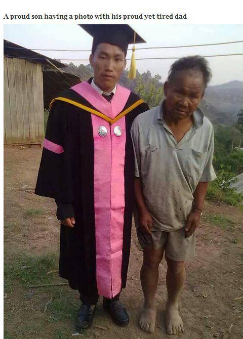 poor farmer's son graduated - A proud son having a photo with his proud yet tired dad