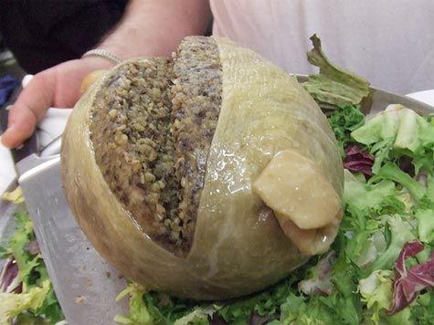 Haggis has been banned in the U.S. for more than four decades because one of its key ingredients is sheep's lungs, and our government doesn't want us eating those. It also contains a sheep's heart and liver, and is cooked in a sheep's stomach, but those are all, apparently, cool for us to eat. So your Scottish relatives here could cook you up some haggis without the sheep's lungs, but there's really no point in eating it without one of its key ingredients