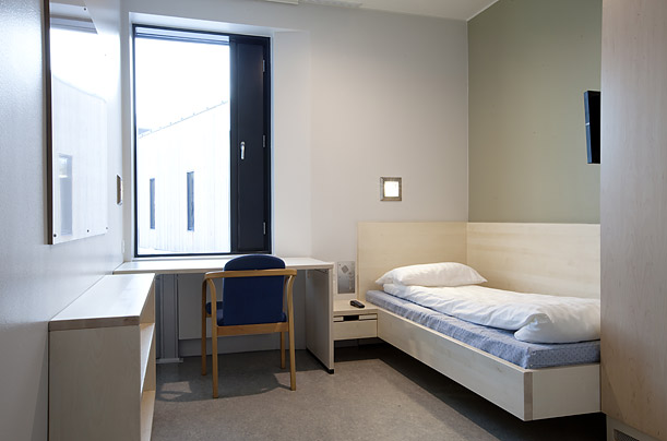 The maximum sentence in Norway, even for murder, is 21 years. Since most inmates will eventually return to society, prisons mimic the outside world as much as possible to prepare them for freedom. At Halden, rooms include en-suite bathrooms with ceramic tiles, mini-fridges and flat-screen TVs. Officials say sleeker televisions afford inmates less space to hide drugs and other contraband. Photo taken 2010.