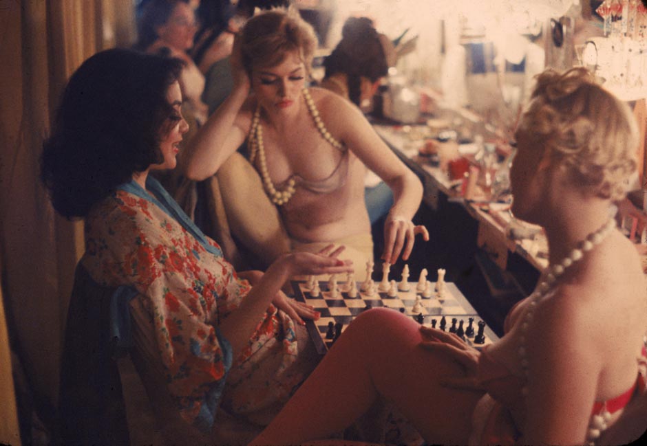 Showgirls playing chess backstage at the Latin Quarter nightclub  New York, 1958
