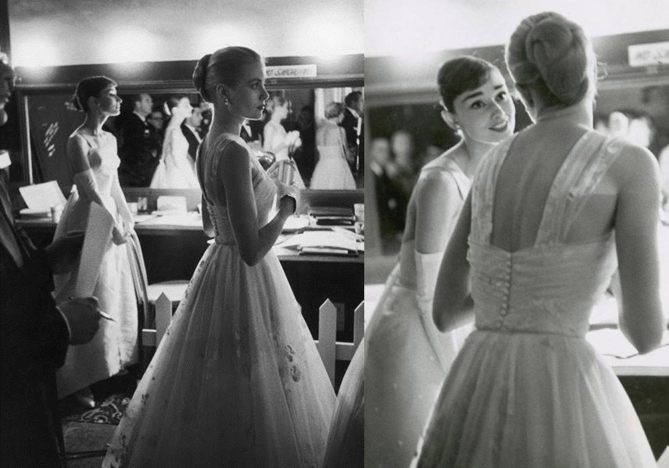 Audrey Hepburn and Grace Kelly backstage at the Oscars.