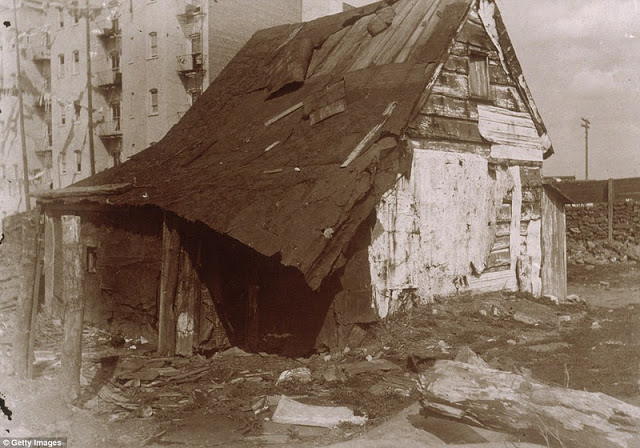 A dilapidated wooden shack sits in an empty lot surrounded by tenement buildings in 1896.