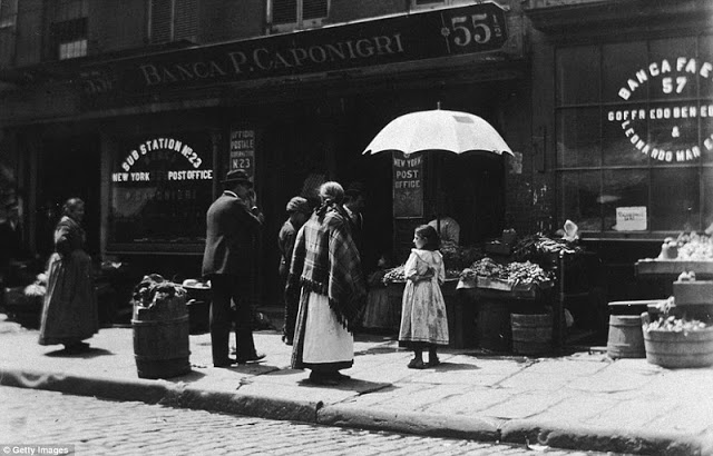 A grocery shop and post office on Mulberry Street in Little Italy, around 1890