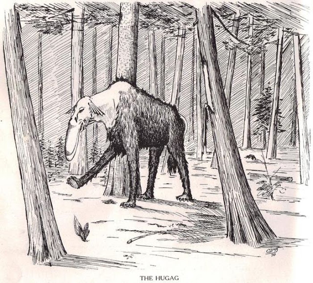 The Hugag is a huge animal of the Lake States. Its range includes western Wisconsin, northern Minnesota, and a territory extending indefinitely northward in the Canadian wilds toward Hudson Bay. In size it may be compared to a moose and in form is somewhat resembles an animal. Very noticeably however are it's front joint less legs compel the animal to remain on its feet, and its long upper lip, which prevents it from grazing.