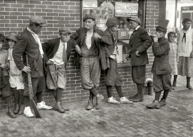 Group of kids on the mean streets of Springfield, Massachusetss, by Lewis Wickes Hine. 1916