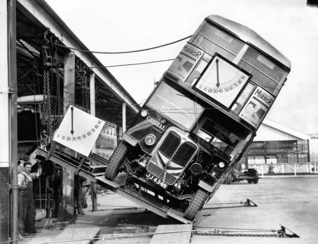 This is how they prove Londons Double-decker buses are not a tipping hazard. 1933