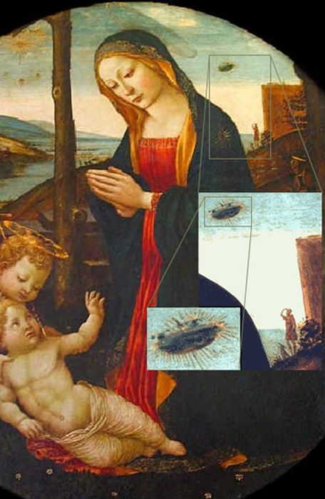 The Madonna with Saint Giovannino and a UFOThis painting is called The Madonna with Saint Giovannino. It was painted in the 15th century by Domenico Ghirlandaio 1449-1494 and hangs as part of the Loeser collection in the Palazzo Vecchio. Above Marys right shoulder is a disk shaped object. Below is a blow up of this section and a man and his dog can clearly be seen looking up at the object.