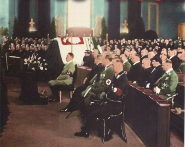 Adolf Hitler attending memorial service of Polish First Marshall Jozef Pilsudski in Berlin, 1935. This is the only time that Fuhrer has attended a holy mass as a leader of the Third Reich