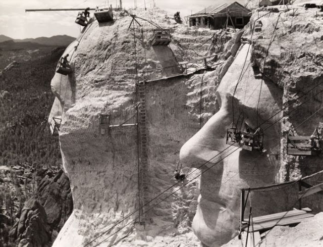 Thomas Jefferson at Mount Rushmore under construction, 1939