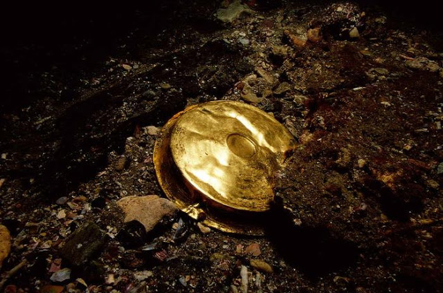 A gold vessel Phiale recovered from Thonis-Heracleion. Phiale were shallow dishes used throughout the Hellenistic world for drinking and pouring libations.