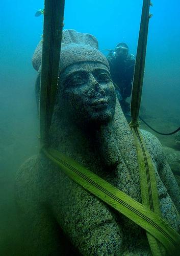 A colossal statue of red granite 5.4 m representing the god Hapi, which decorated the temple of Heracleion. The god of the flooding of the Nile, symbol of abundance and fertility, has never before been discovered at such a large scale, which points to his importance for the Canopic region.