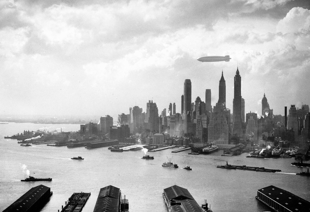 Hindenburg over Manhattan on May 6, 1937, hours before disaster