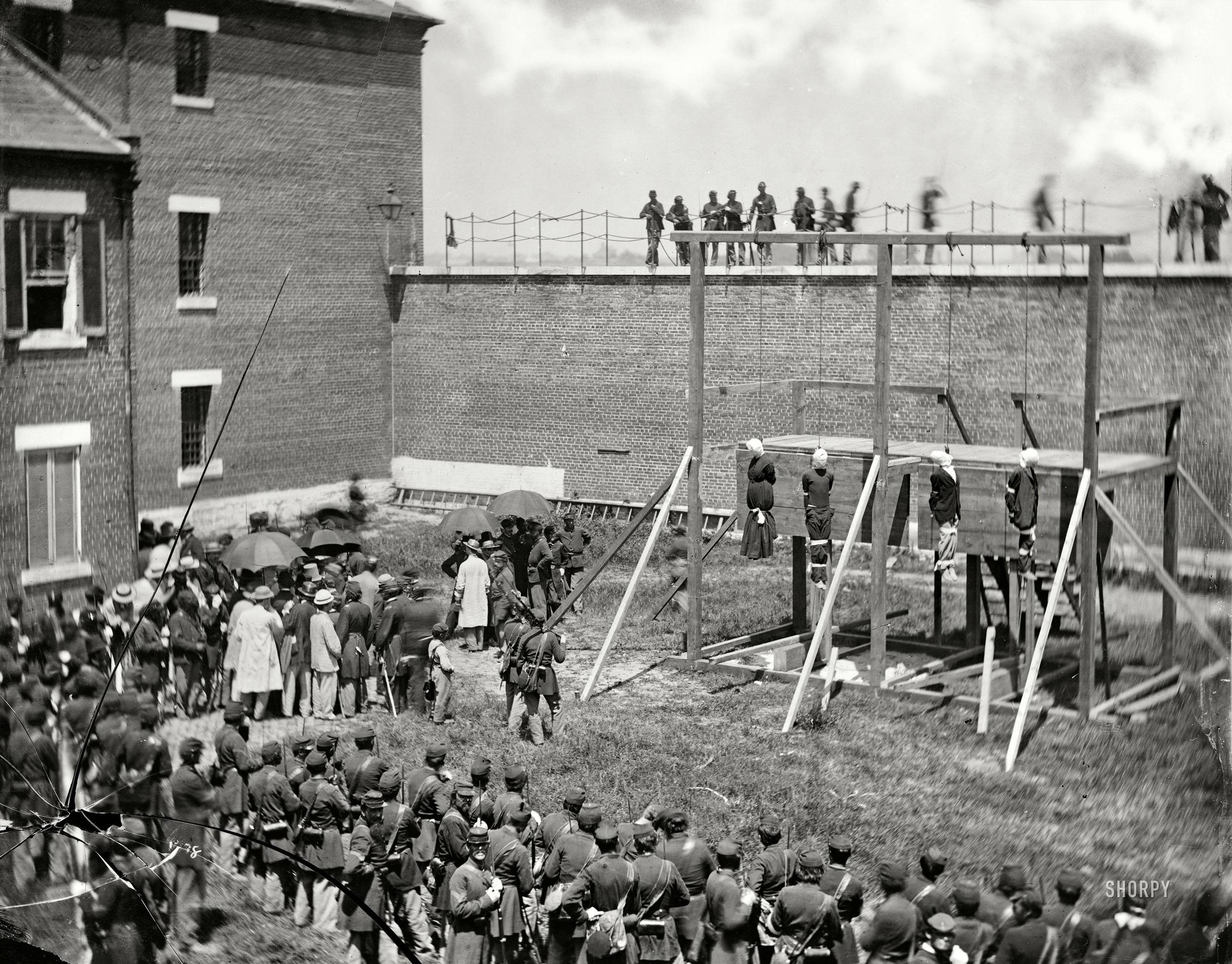 1865: Hanging hooded bodies of the four Lincoln assassination conspirators