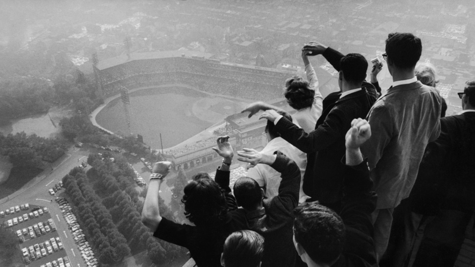 A shot from atop Pittsburghs Cathedral of Learning during game 7 of the 1960 World Series. The Pirates defeated the Yankees with a walk off home run by Bill Mazeroski. Photo was taken moments after the home run