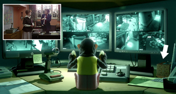 Buzz and Woody eventually escape that place without killing each other, but the horror continues in Toy Story 3. At one point, we see a monkey toy watching the feed from some surveillance cameras in a nursery. On the same desk, there's a small box with the Overlook carpet pattern on it again, plus a 1970s intercom modeled after the one seen in the hotel manager's office in The Shining.