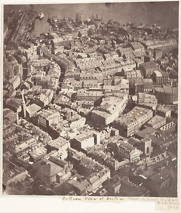 Earliest aerial photograph of an American city, titled "Boston, as the Eagle and the Wild Goose See It"  Taken from a hot air balloon Oct, 1860