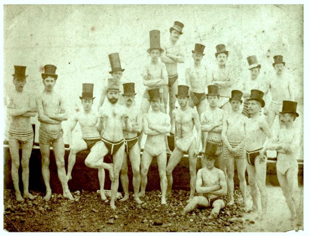 Brighton Swimming Club in their top hats and swim suits, 1863