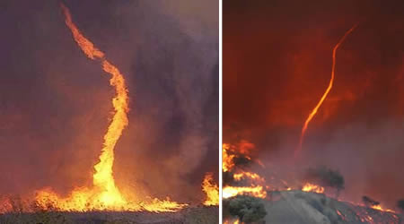 Fire Whirls    A fire whirl, also known as fire devil or fire tornado, is a rare phenomenon in which a fire, under certain conditions --depending on air temperature and currents--, acquires a vertical voracity and forms a whirl, or a tornado-like effect of a vertically oriented rotating column of air.