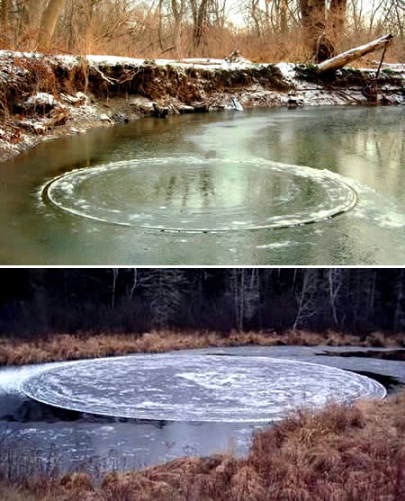 Ice Circles    A rare phenomenon usually only seen in extremely cold countries, scientists generally accept that Ice Circles are formed when surface ice gathers in the center of a body of water rather than the edges. A slow moving river current can create a slow turning eddy, which rotates, forming an ice disc. Very slowly the edges are ground down until a gap is formed between the eddy and the surrounding ice. These ice circles have been seen with diameters of over 500 feet and can also at times be found in clusters and groups at different sizes.