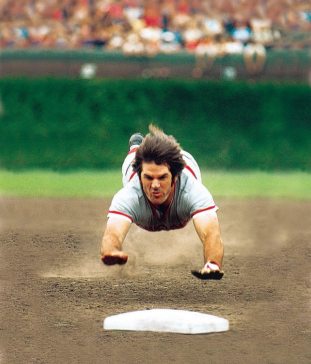 Cincinnatis Pete Rose pes into third base in a game with the Cubs at Wrigley Field. Baseballs all-time hits leader, Rose was 4-for-9 and drew eight walks during the series with Chicago.