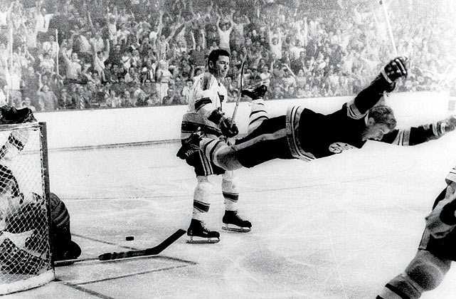 Boston Bruins defenseman Bobby Orr celebrates his Cup-winning goal during overtime of Game 4 of the Stanley Cup finals against the St. Louis Blues. Orr would win MVP honors, and the victory was Bostons first Cup in 29 years