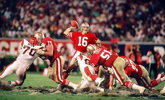 San Francisco 49ers quarterback Joe Montana leads his team down the field in the closing minutes against the Cincinnati Bengals in Super Bowl XXIII. With only 3:10 left in the game, Montana marched the 49ers 92 yards down the field to beat the Bengals 20-16.