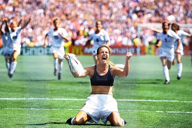 U.S. womens soccer player Brandi Chastain exults after kicking the World Cup-winning penalty kick in the 1999 Womens World Cup final.