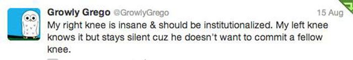 pun design - Growly Grego GrowlyGrego 15 Aug My right knee is insane & should be institutionalized. My left knee knows it but stays silent cuz he doesn't want to commit a fellow knee. My right