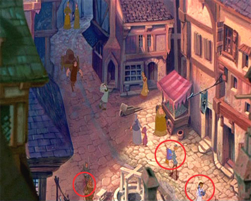 Hunchback of Notre Dame     Belle from Beauty and the Beast, the magic carpet from Aladdin, and Pumbaa from the Lion King can all be spotted in the streets of Paris.