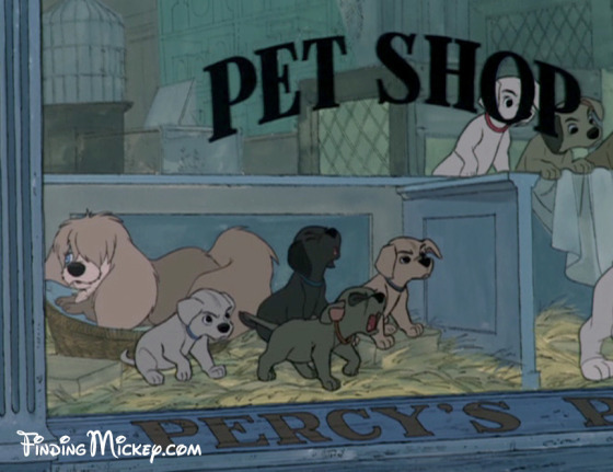 101 Dalmations      Peg from Lady and the Tramp appears in the pet shop window.