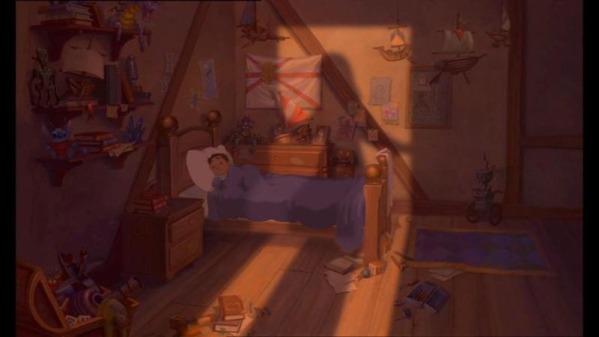 Treasure Planet     Stitch from Lilo and Stitch can be seen on a shelf on the left side of the room.