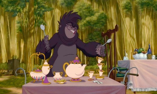 Tarzan      Mrs. Potts, Chip, and the rest of the tea set from Beauty and the Beast can be seen on the camp table.