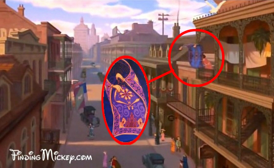 Princess and the Frog      The magic carpet from Aladdin can be seen in the street view.