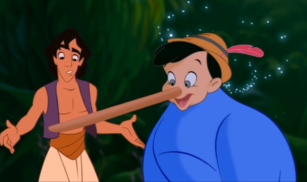 Aladdin       The Genie briefly changes his head into that of Pinocchio.