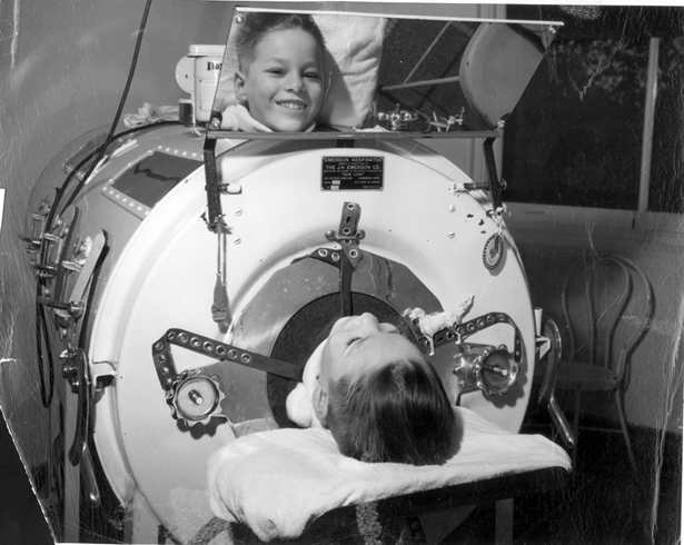IRON LUNGS:     Before there was a vaccine for polio, patients were placed inside of the iron lungs, which simulated breathing.