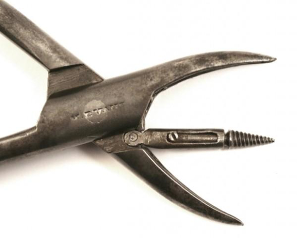 DENTAL SCREW FORCEPS:      The central screw on this device would drill down into the tooth whilst held in place by the blades, making extraction easier. Of course, this was before the invention of anaesthetic