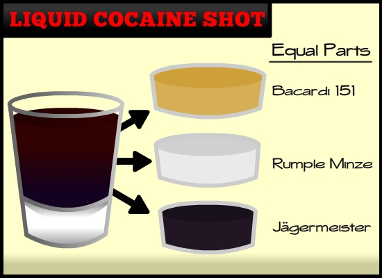 liquid cocaineShot that consists of 151, jagermeister, and goldschlager.