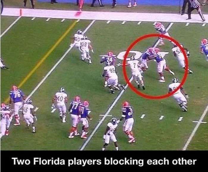 gators blocking each other meme - Two Florida players blocking each other