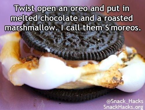 oreo smooshed - Twist open an oreo and put in melted chocolate and a roasted marshmallow. I call them S'moreos. SnackHacks.org