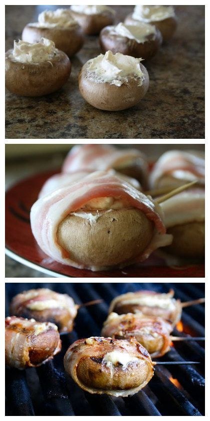 Blue cheese filled bacon-wrapped mushrooms are the savory version of a campfire smore.
