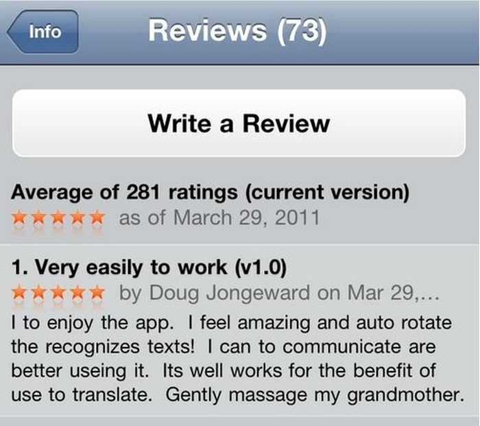 funniest app reviews - Info Reviews 73 Write a Review Average of 281 ratings current version as of 1. Very easily to work v1.0 by Doug Jongeward on Mar 29,... I to enjoy the app. I feel amazing and auto rotate the recognizes texts! I can to communicate ar