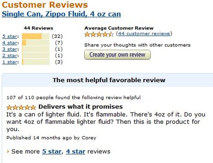 amazon customer reviews - Customer Reviews Single Can, Zippo Fluid, 4 oz can 44 Reviews 32 X 5 star 4 star 3 star 2 star 1 star Average Customer Review X X 44 customer revievs your thoughts with other customers Create your own review 1 3 The most helpful 