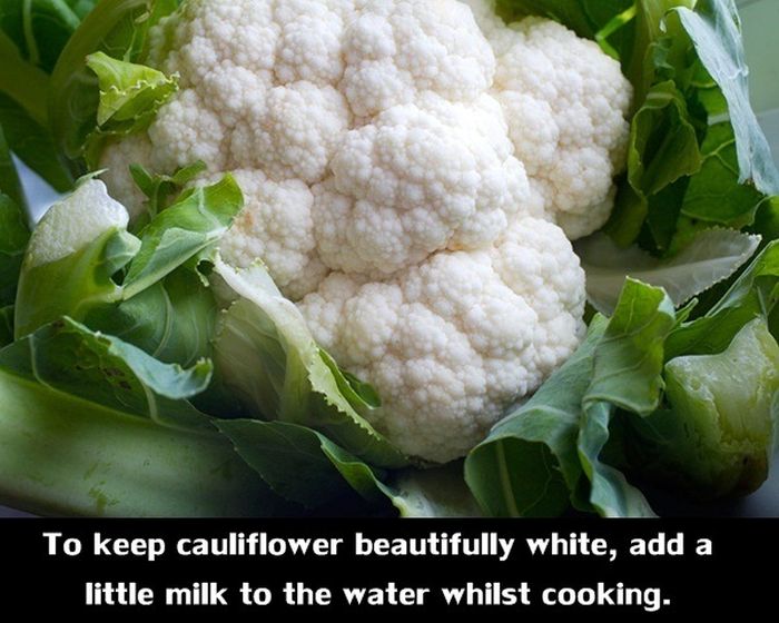 regrow cauliflower from scraps - To keep cauliflower beautifully white, add a little milk to the water whilst cooking.