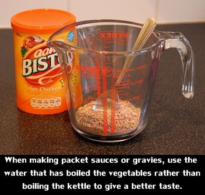 cup - Bis For Chicken Rande When making packet sauces or gravies, use the water that has boiled the vegetables rather than boiling the kettle to give a better taste.