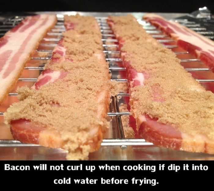 red meat - Bacon will not curl up when cooking if dip it into cold water before frying.