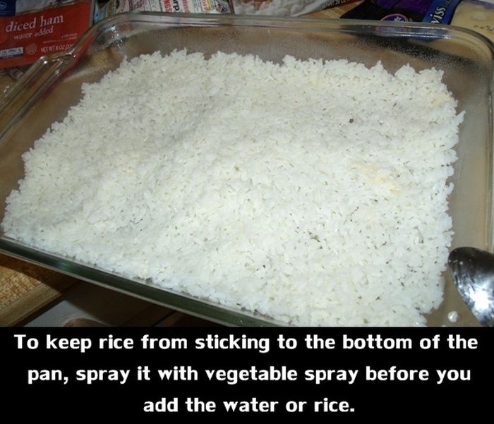 white rice - viss diced ham water add Newteco To keep rice from sticking to the bottom of the pan, spray it with vegetable spray before you add the water or rice.