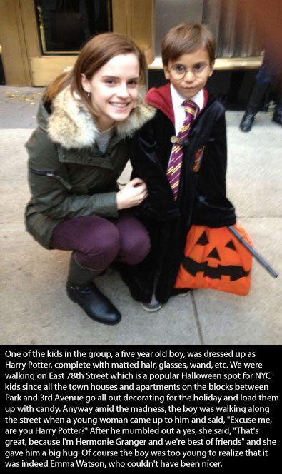 emma watson little boy - One of the kids in the group, a five year old boy, was dressed up as Harry Potter, complete with matted hair, glasses, wand, etc. We were walking on East 78th Street which is a popular Halloween spot for Nyc kids since all the tow