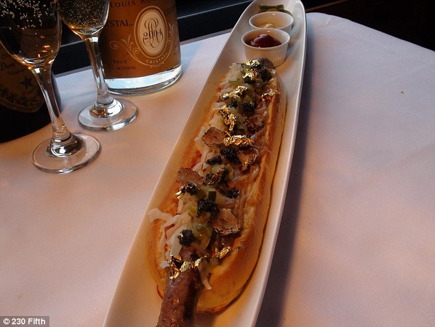 The most expensive hot dog in the world.New Yorks 230 Fifth released this 2,300 creation made out of 60-day dry-aged wagyu and topped with Vidalia onions caramelized in Dom Perignon, sauerkraut braised in Cristal, and caviar