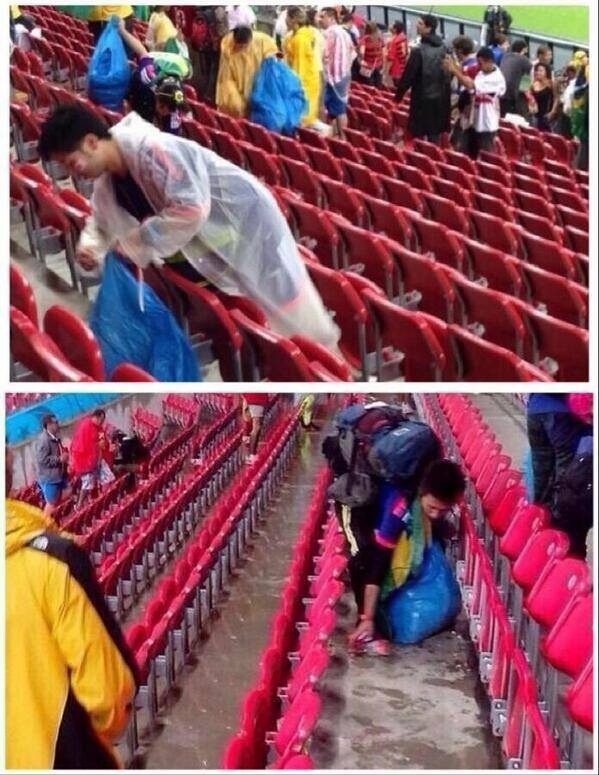 Japanese fans were cleaning out their mess after the world cup. Respect.