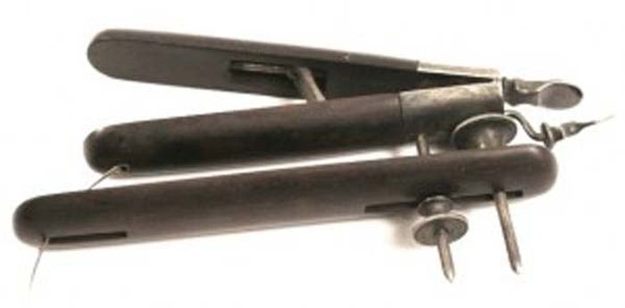 Hernia Tool 1850s: This tool was used after hernias were corrected. It would be inserted into the body near the affected area and left there for a short amount of time. The tool would help encourage the formation of scar tissue, holding the hernia in.